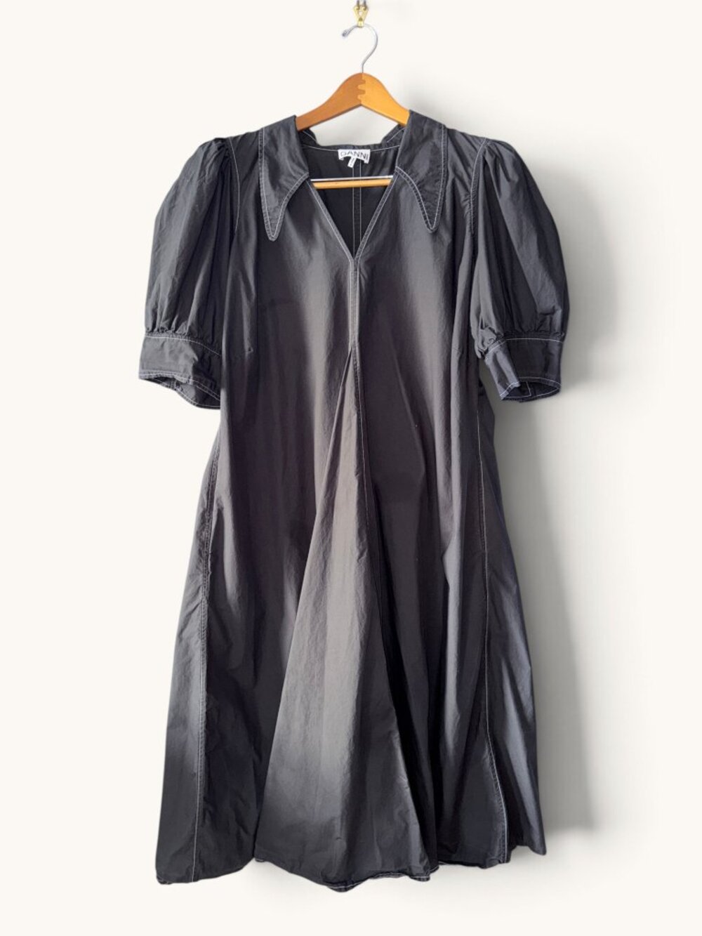 GANNI Cotton Poplin V-Neck Maxi Dress Black A-Line Pockets EU 50 US 20